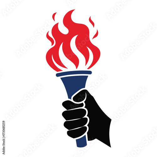 Black Hand Holding Torch with Red Flames and Blue Handle on White Background fire