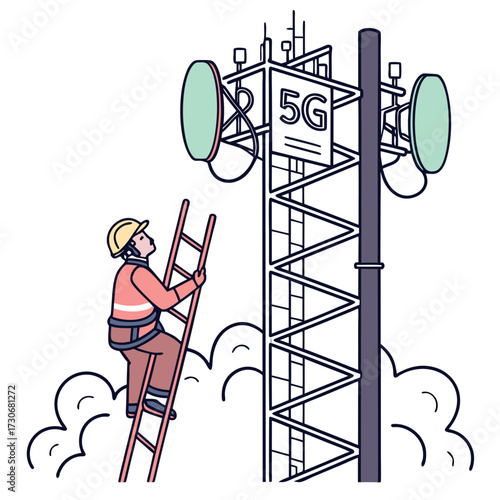 Telecommunications worker climbs a ladder to service a 5g cell tower with antennas and equipment