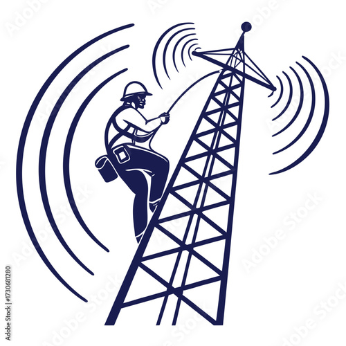 Telecommunications worker climbing cell tower transmitting signals with safety harness and tools