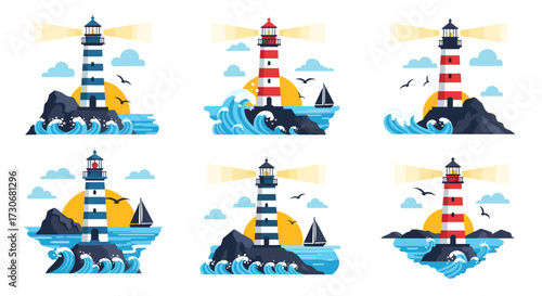 Illustrations of iconic lighthouses guiding ships safely at sea during sunset.