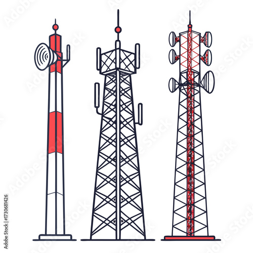 Three distinct telecommunication towers with antennas and dishes isolated on a white background