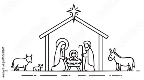 Nativity scene outline with holy family, animals, and star above manger - stock vector
