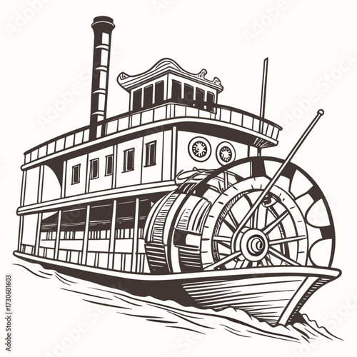Vintage paddle wheel steamboat sailing on water with detailed illustration style