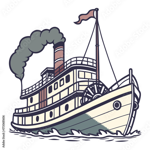 Vintage paddle wheel steamboat sailing through wavy waters emitting smoke from chimney