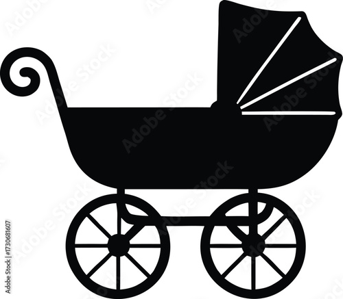 Black Silhouette of a Baby Carriage or Stroller on a White Background. Minimalist Vector Illustration.

