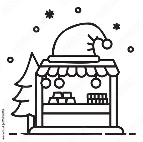 Christmas market stall with santa hat and snowflakes - stock vector