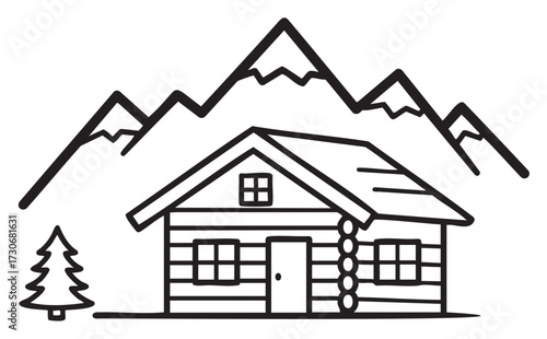 Rustic cabin and mountain scene with tree in simple line art - stock vector