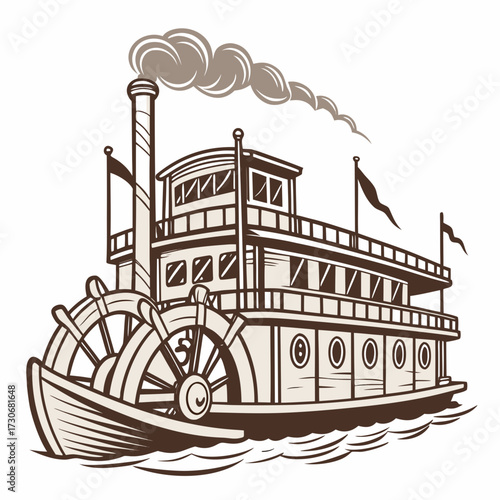 Vintage paddlewheel steamboat sailing on water with smoke emitting from chimney