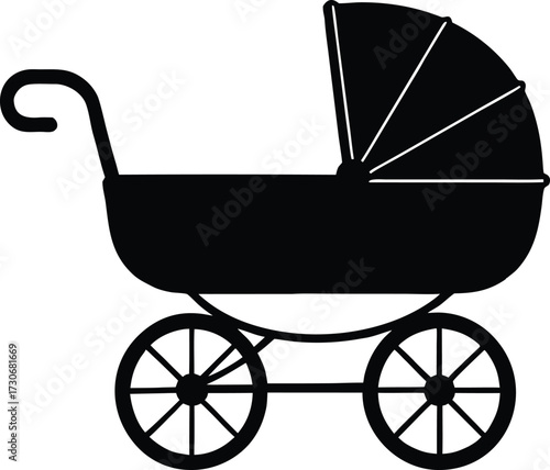 Black Silhouette of a Baby Carriage or Stroller on a White Background. Minimalist Vector Illustration.

