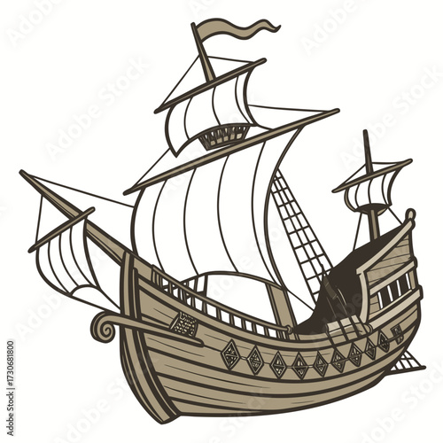 Vintage wooden galleon sailing ship with full sails and decorative hull details