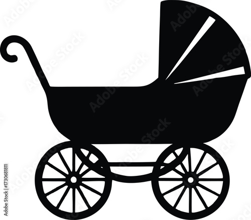 Black Silhouette of a Baby Carriage or Stroller on a White Background. Minimalist Vector Illustration.

