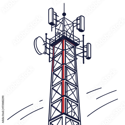 Modern communication tower with multiple antennas transmitting signals against a white background with abstract lines
