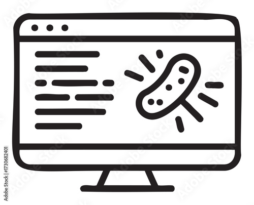 Computer screen with code and virus symbol illustration - stock vector