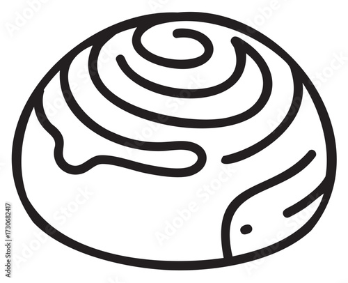 Black and white line art of a delicious cinnamon roll with spiral pattern - stock vector