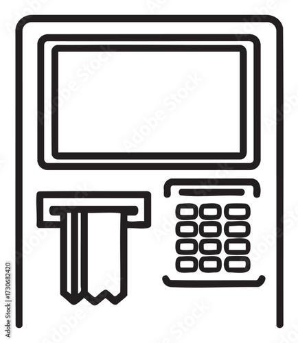 Outline of self-service kiosk with screen, card slot, and keypad for transactions - stock vector