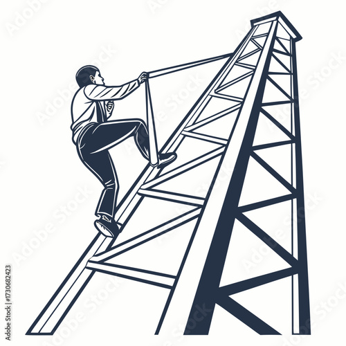 Silhouette of a determined man climbing a tall industrial tower structure against a white background