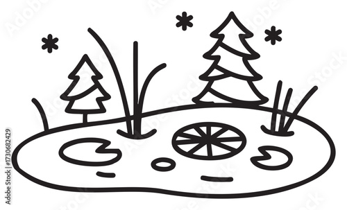 Monochrome winter pond scene with snowflakes and pine trees - stock vector