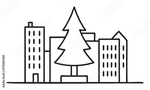 Simple line art of a christmas tree in a city skyline - stock vector