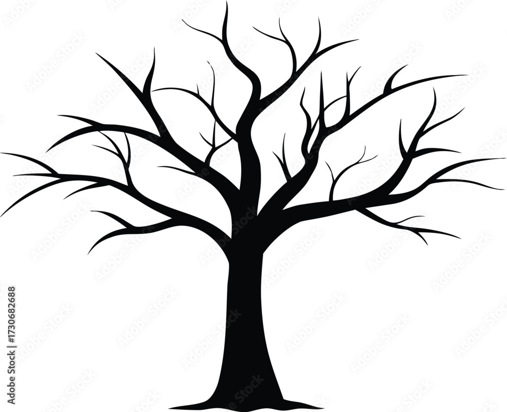 Obraz premium Bare Tree Silhouette. Black Vector Illustration. Dead Tree Silhouette. Barren Black Vector Illustration.