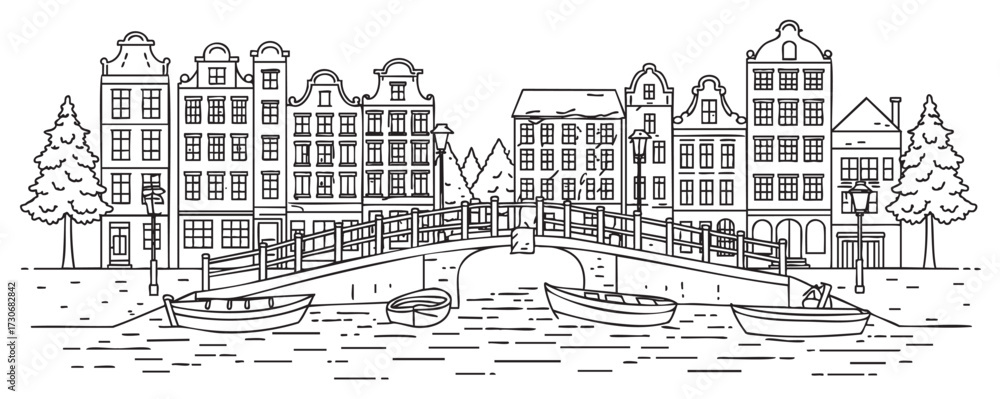 Obraz premium Scenic canal in amsterdam with traditional dutch architecture and boats at bridge - stock vector