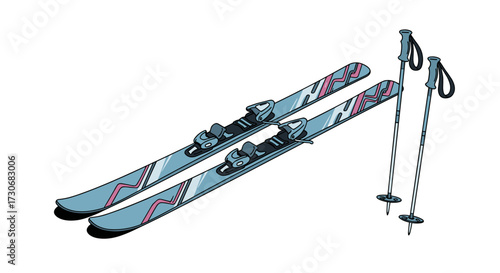 Pair of downhill skis and poles on a white background for winter sports.