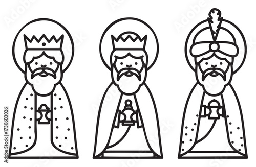 Three kings coloring page with crowns and gifts - stock vector