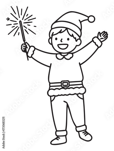Young child dressed as santa holding sparkler with joyful expression - stock vector