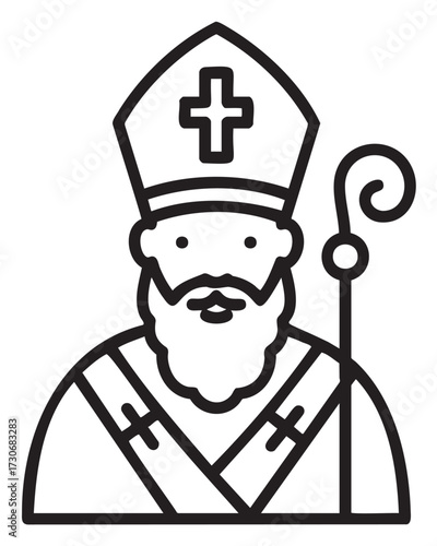 Line art of saint nicholas with crozier and mitre symbols for christmas holiday - stock vector