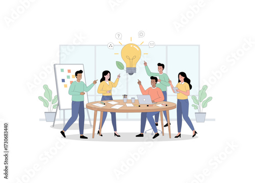 A diverse team of five professional is collaborating enthusiastically around and oval table in a bright, modern office. They are brainstorming a new green or sustainable idea.