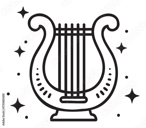 Black and white outline of a lyre with decorative stars - stock vector