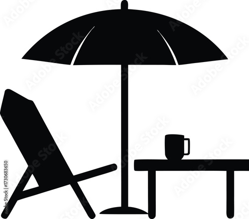 Beach Chair and Umbrella Silhouette. Black Vector Vacation Illustration. Vacation Icon. Beach Chair, Umbrella, Table Black Silhouette.