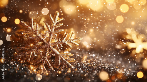 Golden snowflake on shimmering background with festive bokeh lights  