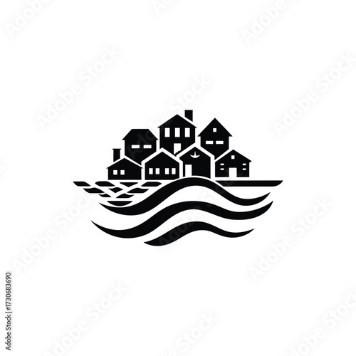 Black Silhouette of Coastal Houses Above Flowing Water on Transparent Background