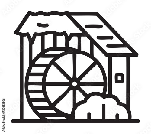 Black and white windmill illustration with waterwheel and shed structure in snowy landscape - stock vector