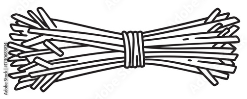 Bundle of straw line drawing - black and white illustration of tied hay stalks - stock vector