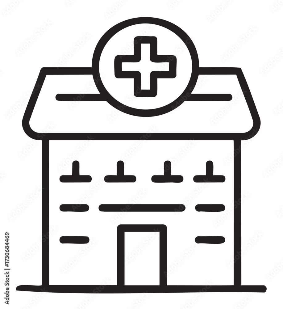 Fototapeta premium Black and white hospital icon with cross on building - stock vector