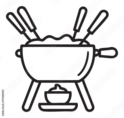 Outline illustration of cheese fondue pot with forks and burner - stock vector