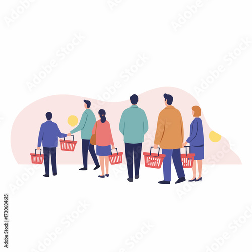 Group of shoppers holding baskets while walking in a stylized setting  