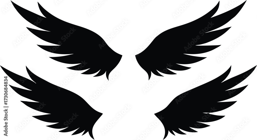 Obraz premium Black Wing Silhouette Set. Multiple Vector Icons and Designs. Set of Wing Silhouettes. Black Vector Collection on White Background. 