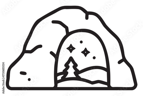 Black and white line art of mountain cave with stars and tree symbols - stock vector