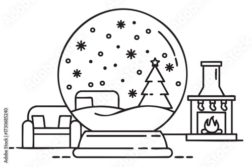 Winter snow globe with fireplace and couch in cozy living room scene - stock vector