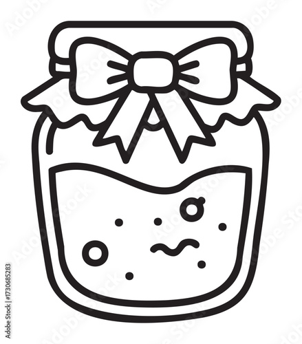 Black and white illustration of a jam jar with decorative bow - stock vector