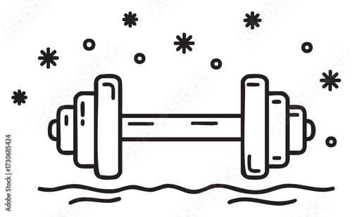Black and white dumbbell with snowflakes illustration for winter fitness motivation - stock vector