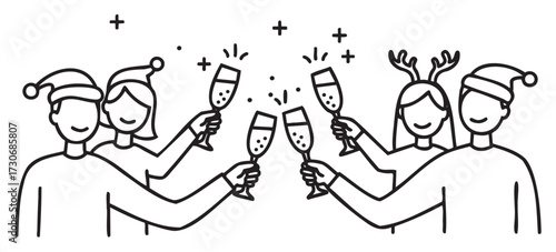 Festive celebration with young adults toasting in santa hats - stock vector