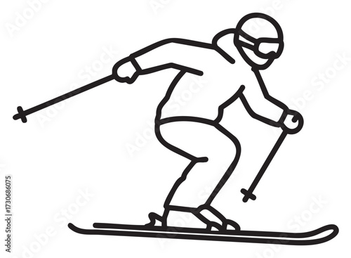 Outline of a person skiing downhill in winter gear and goggles - stock vector