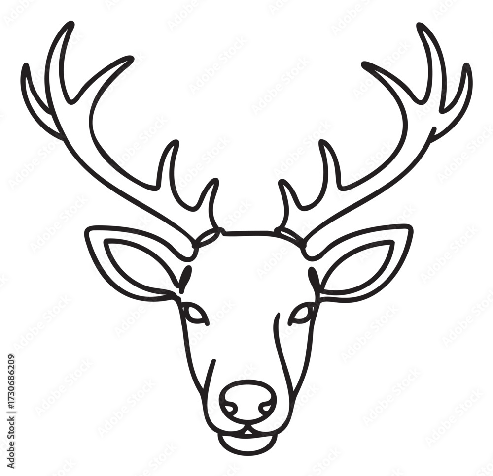 Naklejka premium Minimalist black and white deer head line art with prominent antlers - stock vector