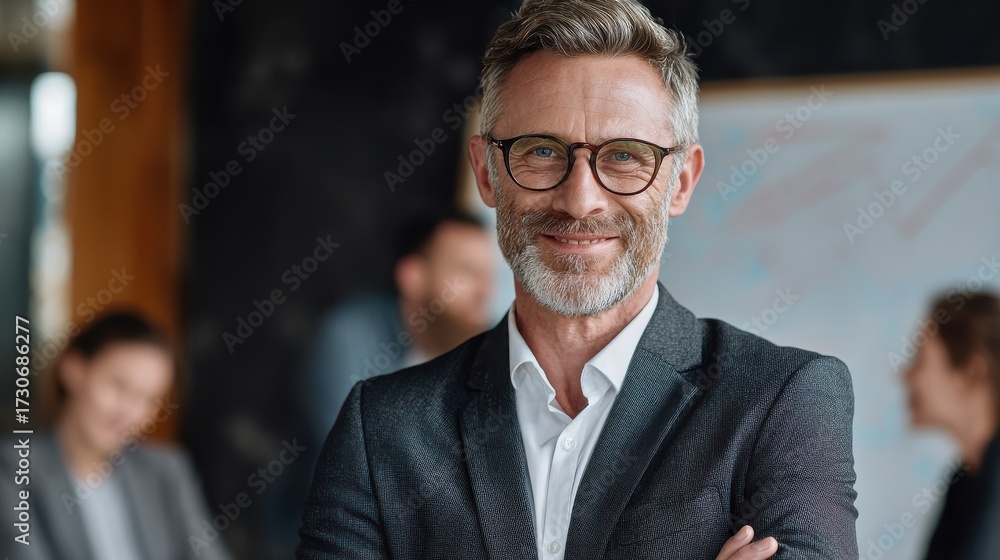 Fototapeta premium smiling confident mature businessman leader looking at camera standing in office at team meeting male corporate leader ceo executive manager wearing glasses posing for business portrait arms folded n