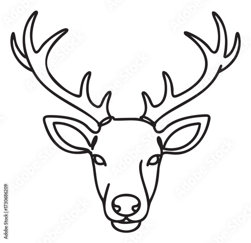 Minimalist black and white deer head line art with prominent antlers - stock vector
