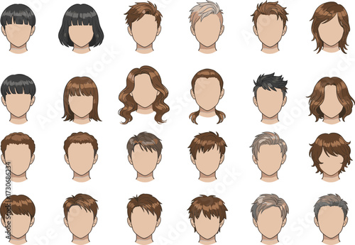 Large Collection of Anime Hairstyle Vector Set, Men and Women Haircuts, Different Colors, Cartoon Style Avatar Creator Elements, Beauty and Fashion.