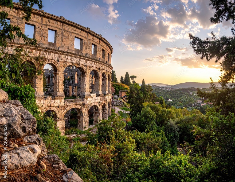 Fototapeta premium Ancient Stone Amphitheater at Sunset
